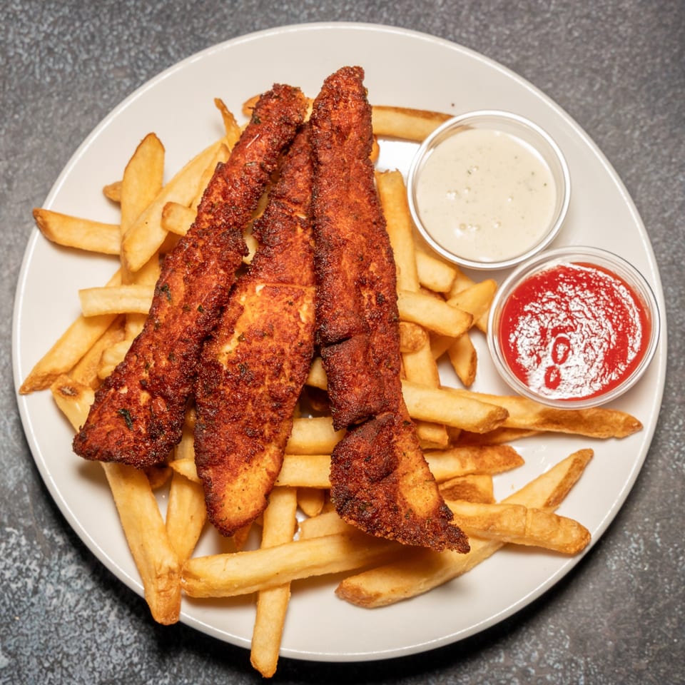 Crispy chicken tenders and golden french fries on a white plate with ketchup and ranch dipping sauces.